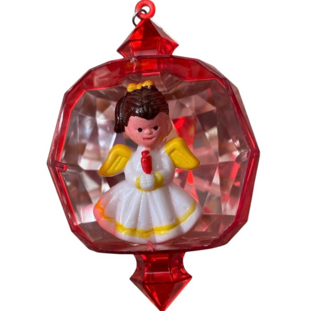 Vintage Jewelbrite Christmas Diorama Plastic Ornaments Hexagon Angel